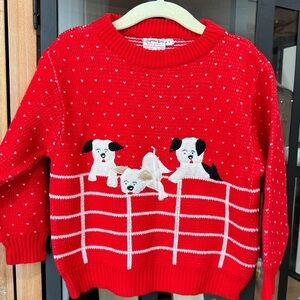 Vintage 80s toddler sweater knit appliqué embroidered puppies dogs Christmas red